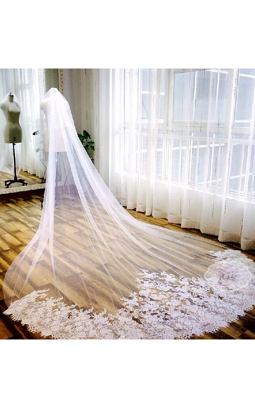 Voile de mariée long en tulle romantique avec bordure en dentelle