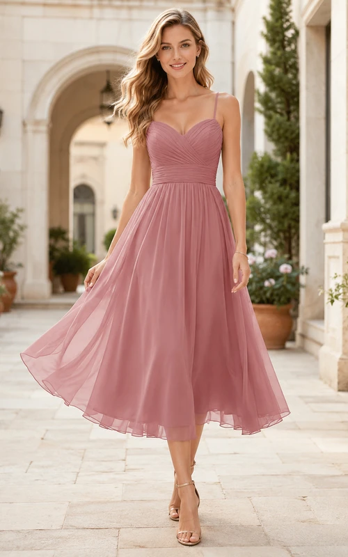 Rosy Air Dusty Rose A-Line Tea-Length Sweetheart Sleeveless Chiffon Romantic Bridesmaid Dress
