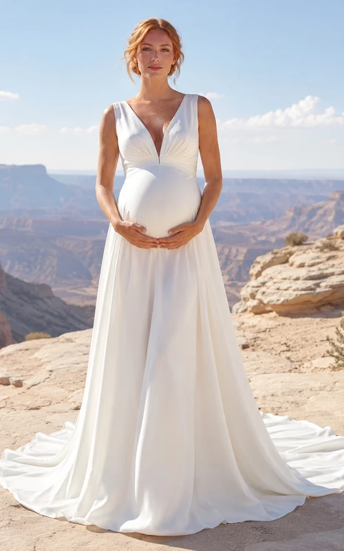 Maternity Wedding Dress V-Neck Sleeveless Satin Destination Bridal Gown with Court Train