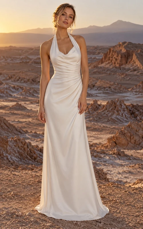 Vestido de novia sencillo de satén con escote halter tipo drapeado y corpiño fruncido lateral.