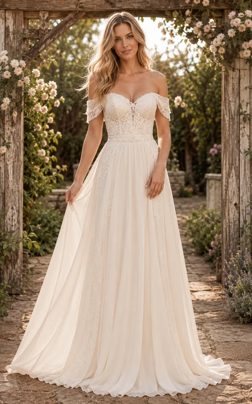 Boho Off Shoulder Chiffon A-Line Rustic Garden Wedding Dress