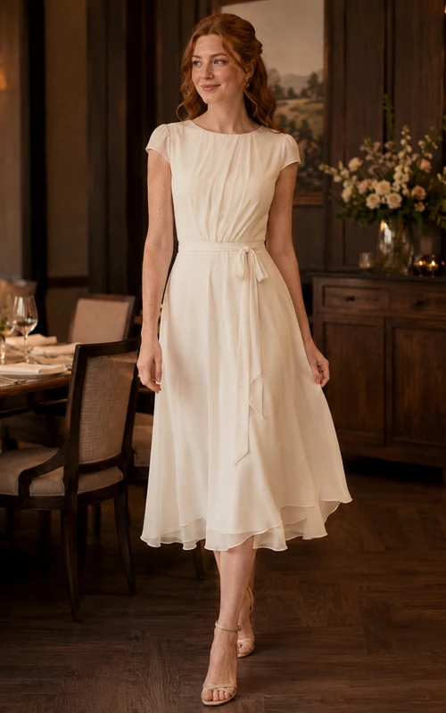 Modest cap sleeve chiffon bridal tea length A-line dress