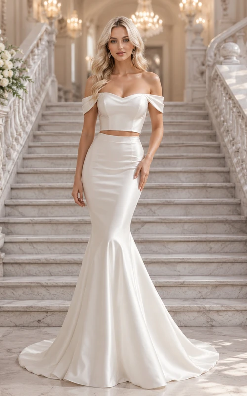 Off Shoulder Draped Satin Mermaid Ballroom Staircase Bridal Set