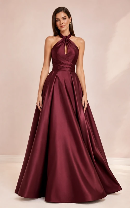 Burgundy Halter Sleeveless Satin Sweep Train Ball Gown