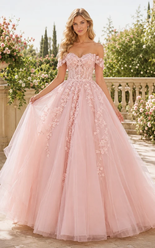 Romantisches, schulterfreies Prinzessinnen-Ballkleid aus Spitze und Tüll mit Herzausschnitt in zartem Rosa