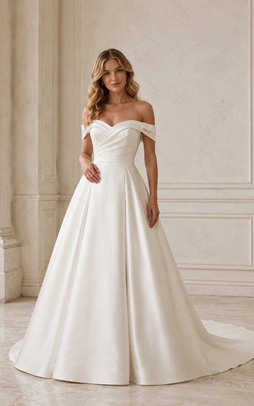 Vestido de novia minimalista de satén, corte A, hombros descubiertos, cola de corte, espalda baja en V.