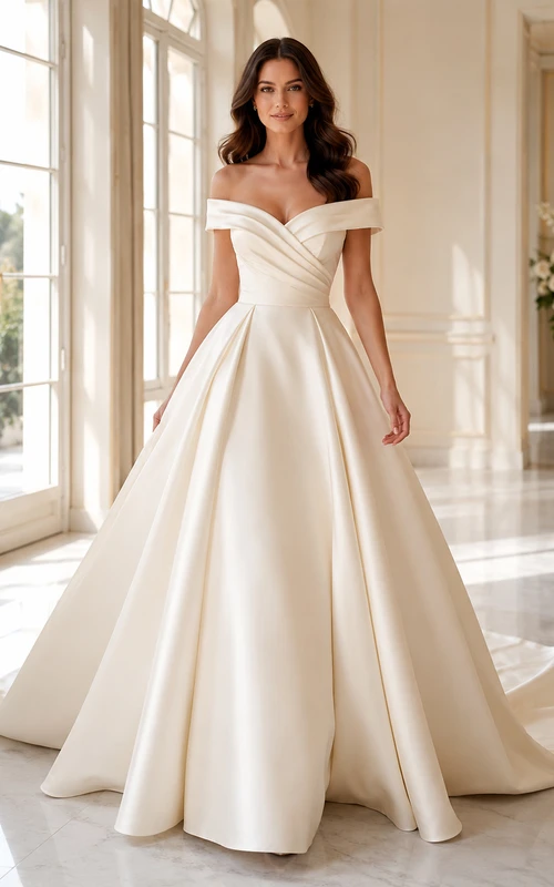 Robe de mariée bustier en satin à épaules dénudées, longueur au sol