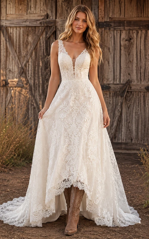 Barn Country Boho Romantic A-Line Lace Tulle Wedding Dress with V-Neck Sleeveless Floor-Length Train Split Skirt Appliques Low Back Deep V Detail