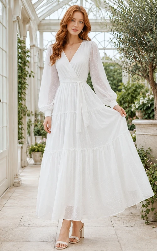 Weißes, langärmeliges Chiffon-Kleid im A-Linien-Schnitt mit V-Ausschnitt, knöchellang und gestuftem Rock im Boho-Stil