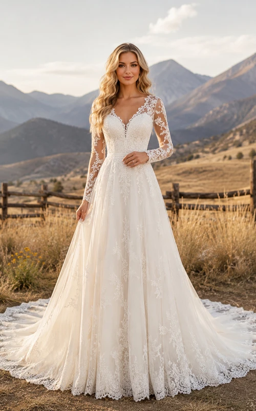 Western Rustic Lace Long Sleeve A-Line Wedding Dress With Train