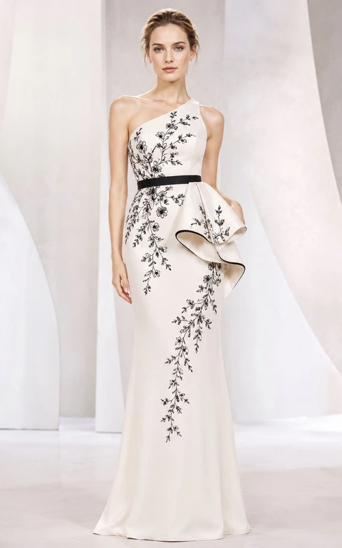 Ivory Floral One-Shoulder Sheath Floor Dress Applique Formal Evening Gown