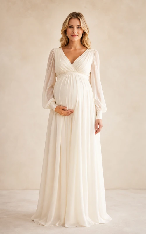 Ivory V-Neck Poet-Sleeve Pleated Chiffon Romantic Maternity Mother Gown Garden