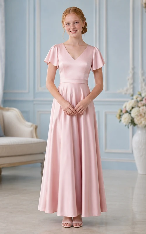 Modernes, perlmuttrosafarbenes, bodenlanges Brautjungfernkleid aus Satin mit Glockenärmeln, V-Ausschnitt und A-Linien-Ausschnitt