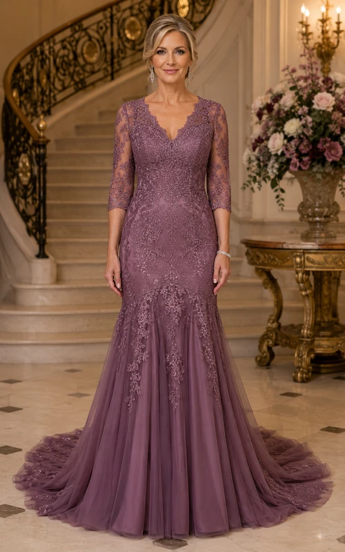 Vestido de madre color malva con encaje, mangas tres cuartos y cola.