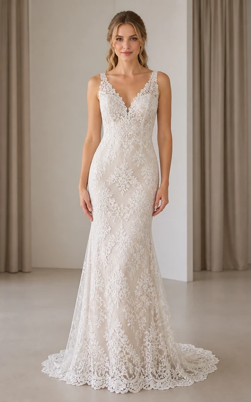 Vestido de novia sencillo de corte sirena con escote en V, tirantes y cola de encaje.