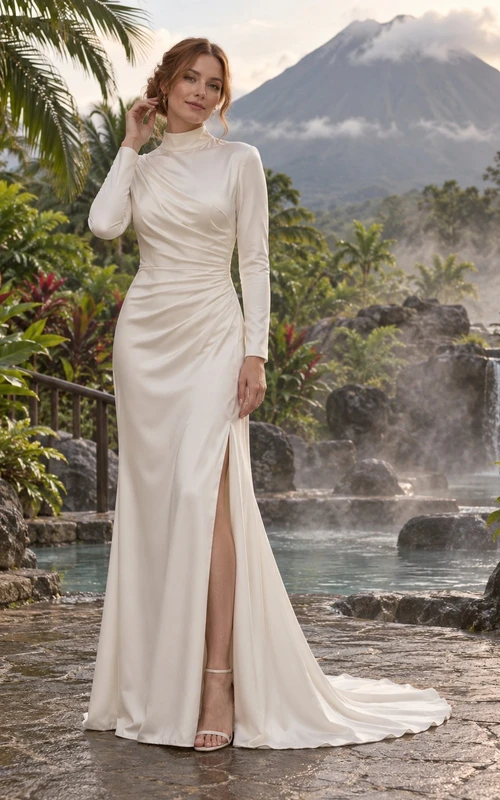 Hochgeschlossenes, langärmeliges Brautkleid aus Satin mit geraffter Taille und geschlitztem Etuirock