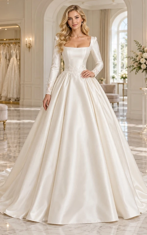 Square Neck Long Sleeve Satin Full Ball Gown Wedding Dress
