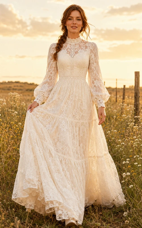 Vestido de novia bohemio de manga larga con encaje y volantes