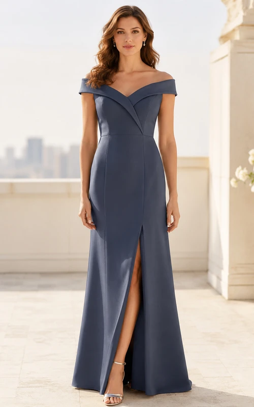 Slate Blue Off Shoulder High Slit Floor Length Sheath Formal Dress