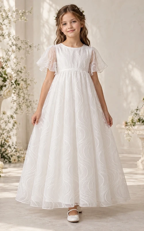 White Jewel Neck Flutter Sleeve Wave Embroidered Organza A-line Flower Girl Dress