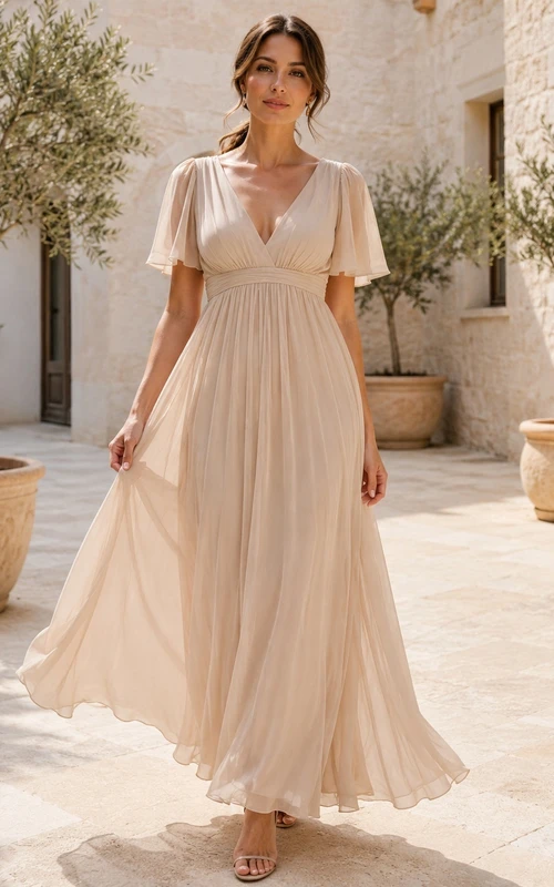 Cream Floor-Length Chiffon Empire V-Neck Flutter Sleeve Romantic Dress