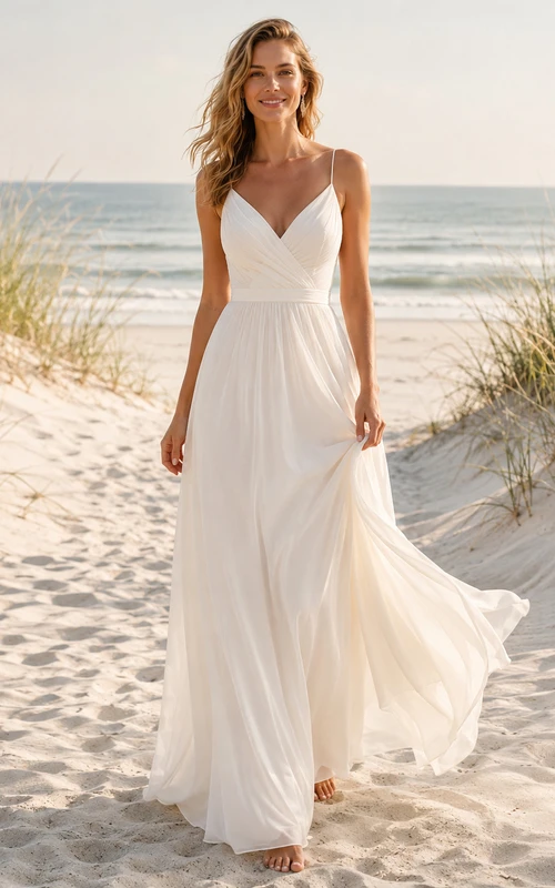 Vestido de novia de gasa para playa, corte A, escote halter, sin mangas, cola larga.