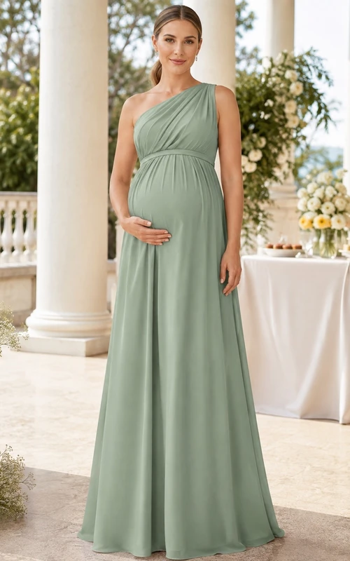Vestido largo de gasa estilo imperio con un solo hombro y drapeado, color verde salvia, para embarazadas.