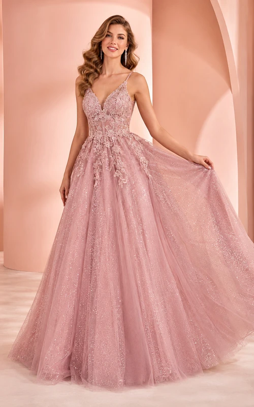 Prinzessinnen-Ballkleid in Altrosa mit Spaghettiträgern, V-Ausschnitt, Spitze und Knöpfen