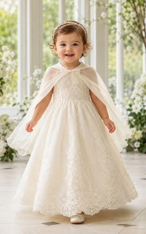 Vestido de bautizo color champán, corte A, largo hasta los tobillos, cuello joya, sin mangas, tul, encaje, lazo en la espalda, capa desmontable, espalda con botones.