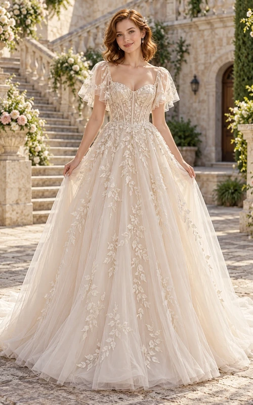 Romantic Flutter Sleeve Scalloped Leaf Corset Full A-line Wedding Dress