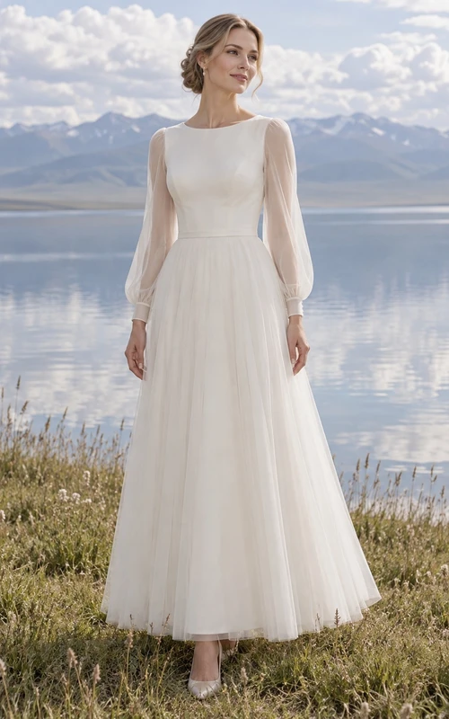 Vestido de novia sencillo y modesto de manga larga con detalles de tul y detalles de joyas, hasta los tobillos.