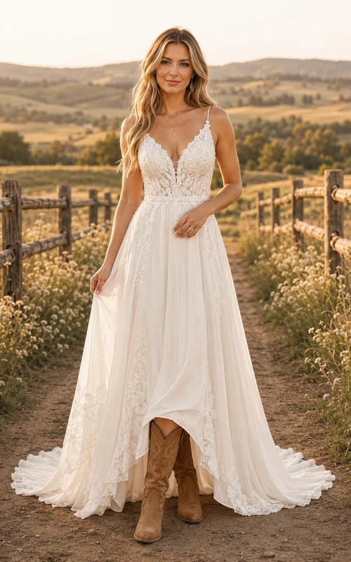 Boho Lace A-Line V-Neck Spaghetti Strap Country Wedding Dress