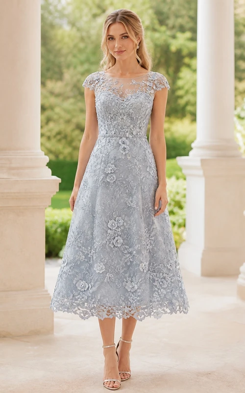 Vestido de madre modesto de corte A, largo hasta la rodilla, color azul acero, con falda capri y encaje floral.