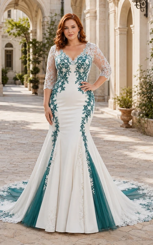Peacock Plus Size Meerjungfrauen-Brautkleid mit V-Ausschnitt, langen Ärmeln, Spitze und Kapellenschleppe