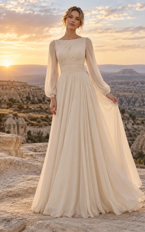 Langärmeliges, champagnerfarbenes Chiffon-Brautkleid mit U-Boot-Ausschnitt, Falten und A-Linien-Rock