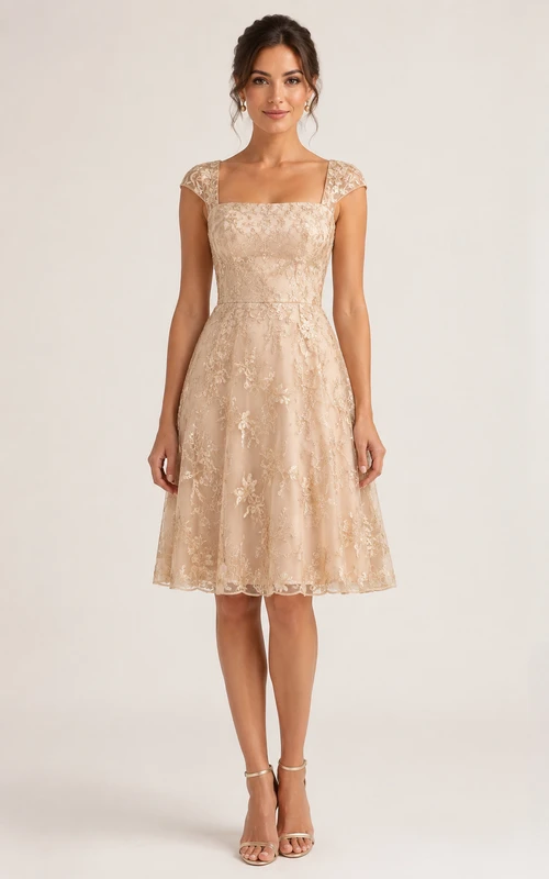 A-Line Knee-Length Square Short Sleeve Lace Wedding Guest Dress with Lace