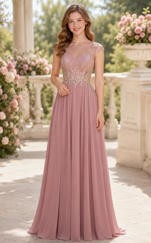 Vestido de dama de honor juvenil color rosa empolvado, corte en A, manga corta tipo casquillo, bordado.