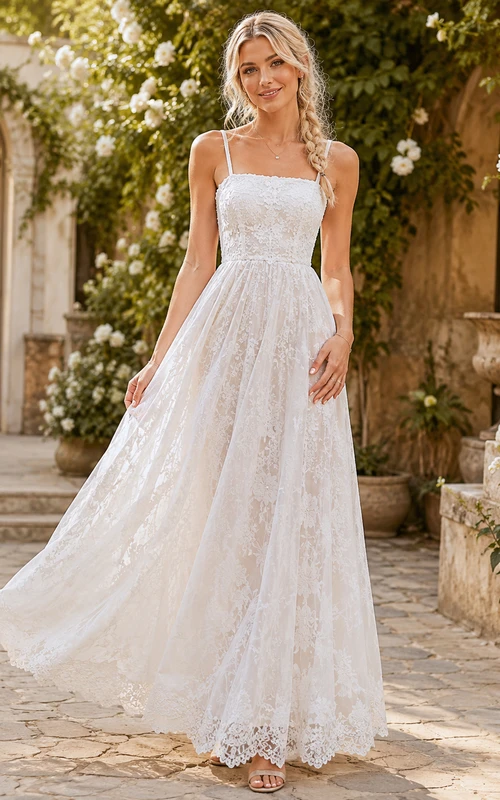 Robe de mariée romantique en dentelle, coupe trapèze, longueur au sol, sans manches, ornée de motifs carrés, style Sunlit Promise
