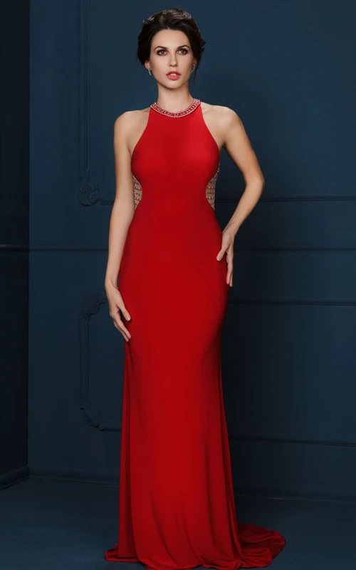 Vestido de noche largo sin mangas con escote redondo y detalles de cuentas, de jersey.