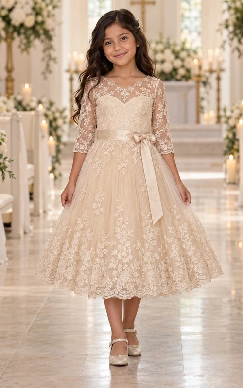 Vestido de niña de flores de corte A con encaje, estampado floral color champán, manga tres cuartos y fajín, hasta la rodilla.