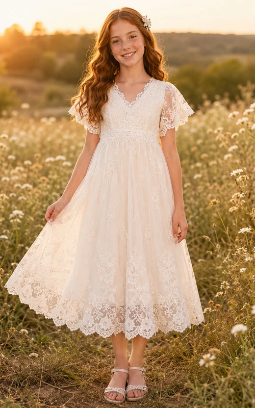 Kleid aus Spitze mit V-Ausschnitt, Tüll, knielang, A-Linie, im Boho-Stil, romantisch, formell, Blumenmädchenkleid
