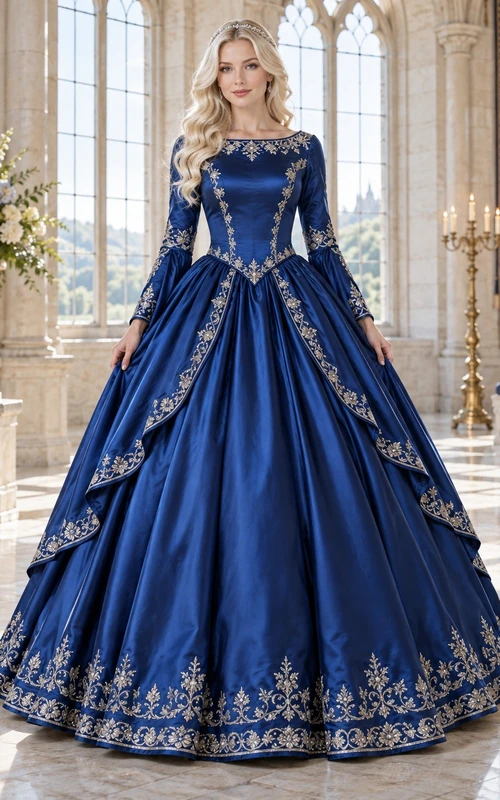 Robe de bal médiévale en satin bleu roi brodé, manches longues cloche