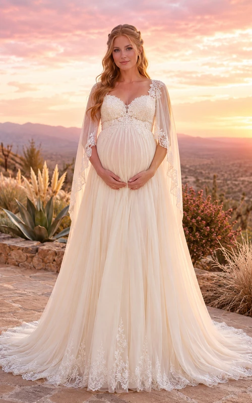 Vestido de novia premamá de manga larga con encaje y escote en V, ideal para bodas en el desierto.
