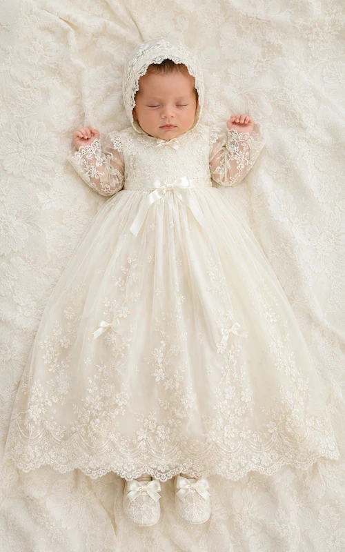 Baby-Taufkleid, schlichtes Prinzessinnen-Ballkleid, langärmelig, aus Illusionstüllspitze, bodenlang mit passender Haube in Elfenbein