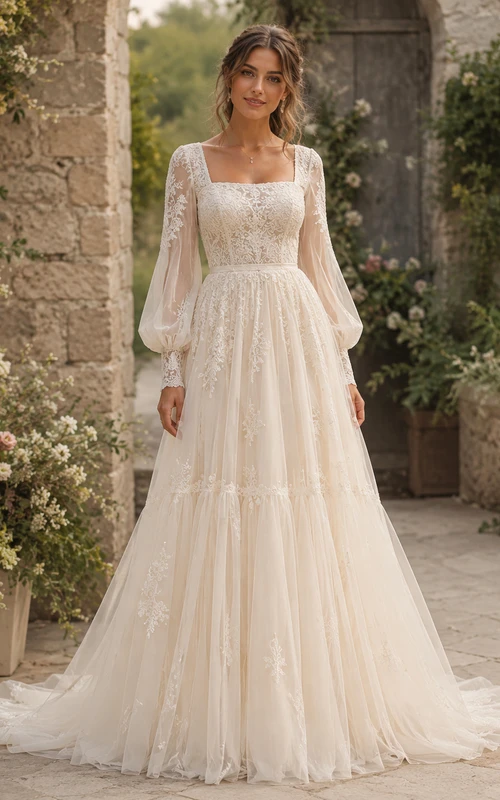 Vestido de novia bohemio con escote cuadrado, mangas largas abullonadas, falda de tul escalonada y detalles de encaje romántico.