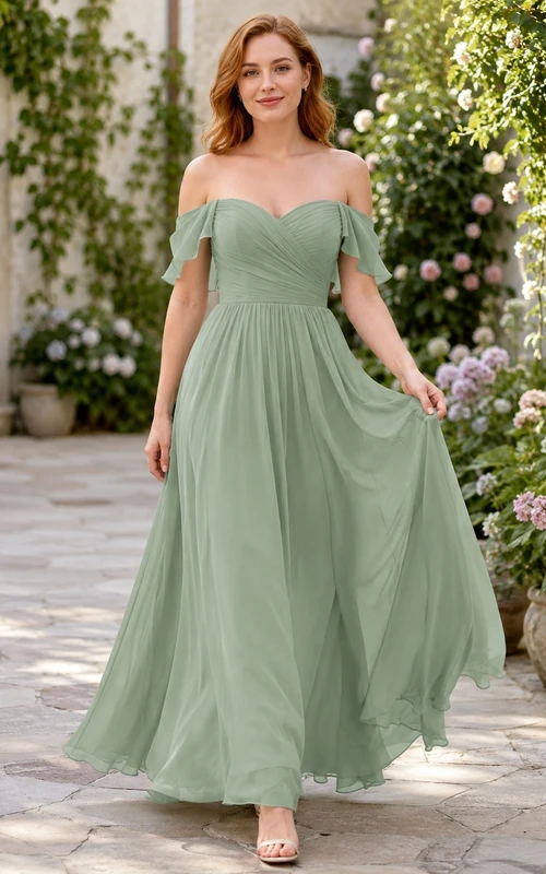 Sage Chiffon Off-the-shoulder Short Sleeve A-Line Floor-length Pleated Romantic Elegant Garden Bridesmaid Dress
