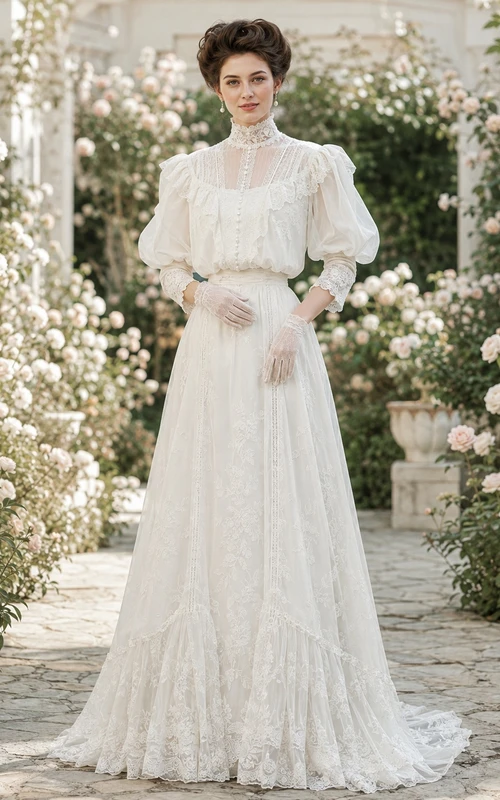 High Neck Illusion Lace Button Puff Sleeve A-Line Sweep Train Wedding Gown