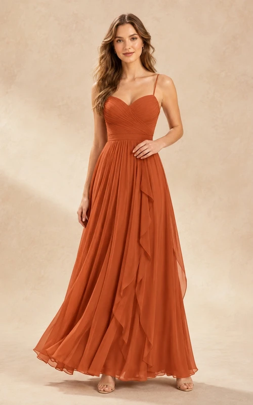 Robe de demoiselle d'honneur romantique en mousseline orange brûlé, coupe trapèze, style jardin.