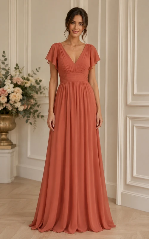 Vestido de gasa color coral con un solo hombro y mangas con volantes, corte en A.