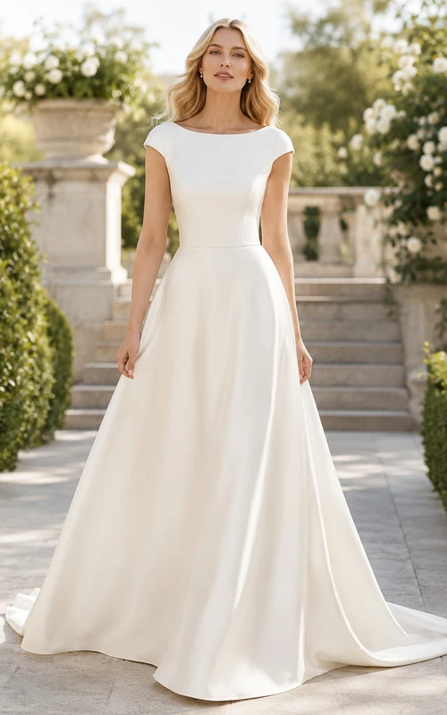 Robe de mariée classique en satin, coupe trapèze, manches bateau et traîne chapelle